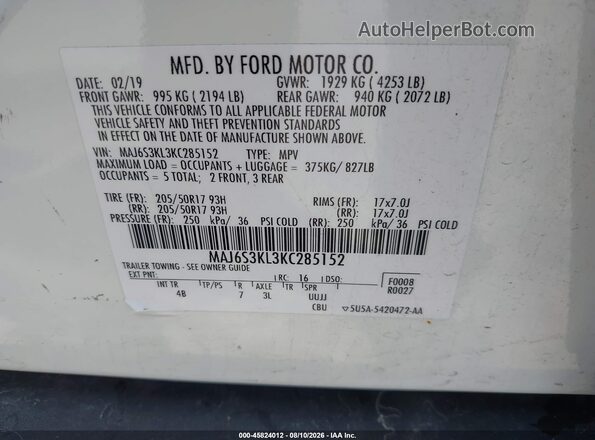 MAJ6S3KL3KC285152 2019 FORD ECOSPORT Белый Вид подкапотного пространства