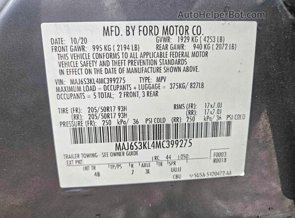 MAJ6S3KL4MC399275 2021 FORD ECOSPORT Gray Rear seats view