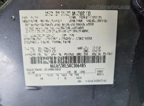 MAJ6S3KL5KC306485 2019 FORD ECOSPORT Gray ძრავის განყოფილების ხედი