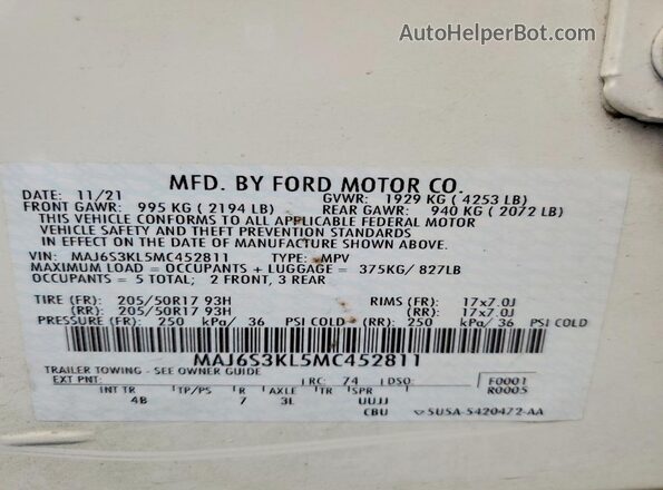 MAJ6S3KL5MC452811 2021 FORD ECOSPORT White Widok komory silnika