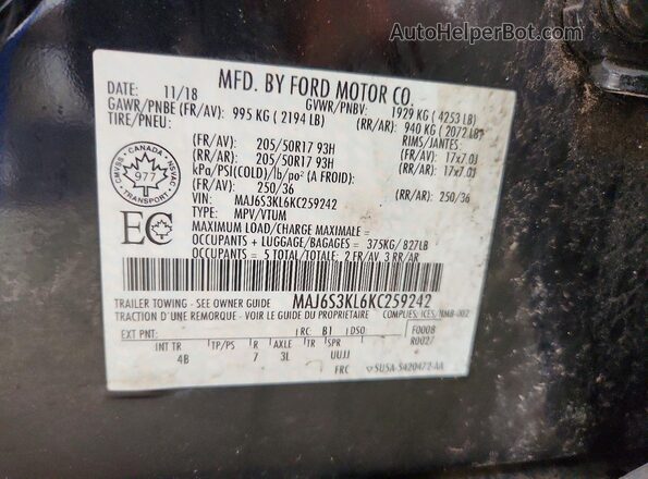 MAJ6S3KL6KC259242 2019 FORD ECOSPORT Black VIN կոդի պիտակի տեսք