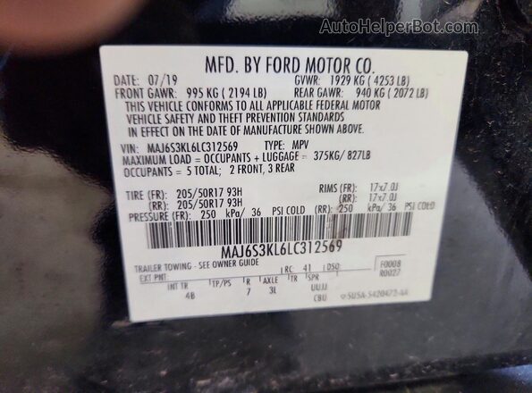 MAJ6S3KL6LC312569 2020 FORD ECOSPORT Black Vista de la etiqueta del VIN