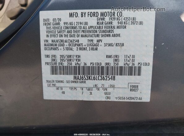 MAJ6S3KL6LC362548 2020 FORD ECOSPORT Blue ძრავის განყოფილების ხედი
