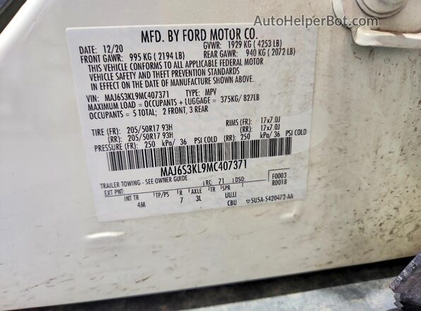 MAJ6S3KL9MC407371 2021 FORD ECOSPORT White Вид наклейки з VIN-кодом