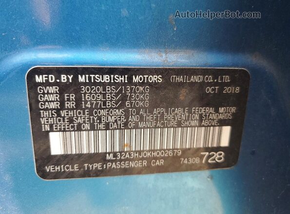 ML32A3HJ0KH002679 2019 MITSUBISHI MIRAGE Blue Vista del compartimento del motor