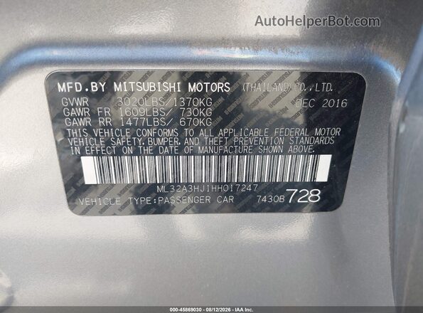ML32A3HJ1HH017247 2017 MITSUBISHI MIRAGE Gray ძრავის განყოფილების ხედი