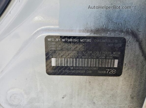 ML32A3HJ1KH000987 2019 MITSUBISHI MIRAGE White VIN կոդի պիտակի տեսք