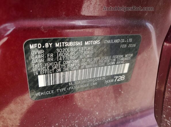 ML32A3HJ2HH004426 2017 MITSUBISHI MIRAGE Темно-бордовый Панорамный вид салона 360°