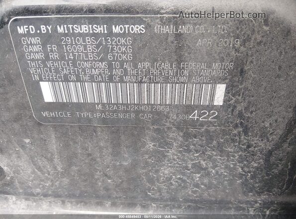 ML32A3HJ2KH012663 2019 MITSUBISHI MIRAGE Black Вид підкапотного простору