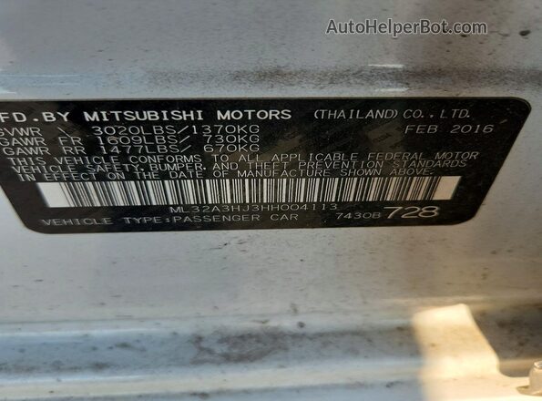 ML32A3HJ3HH004113 2017 MITSUBISHI MIRAGE Белый Вид наклейки с VIN-кодом
