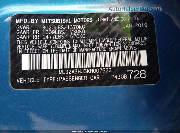 ML32A3HJ3KH007522 2019 MITSUBISHI MIRAGE Blue Շարժիչի բաժամունքի տեսք