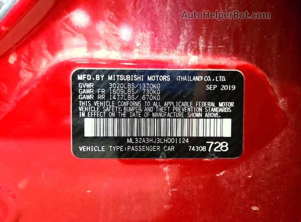 ML32A3HJ3LH001124 2020 MITSUBISHI MIRAGE Red Engine compartment view
