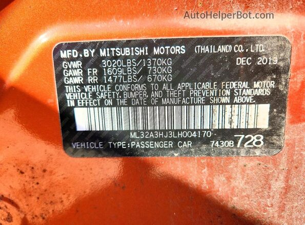 ML32A3HJ3LH004170 2020 MITSUBISHI MIRAGE Orange Vista del compartimento del motor