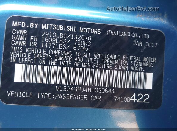 ML32A3HJ4HH020644 2017 MITSUBISHI MIRAGE Blue Вид підкапотного простору