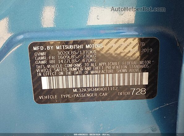 ML32A3HJ4KH011112 2019 MITSUBISHI MIRAGE Blue ძრავის განყოფილების ხედი
