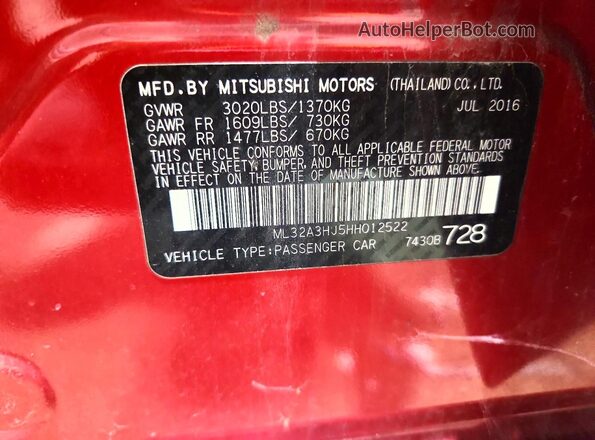 ML32A3HJ5HH012522 2017 MITSUBISHI MIRAGE Red 