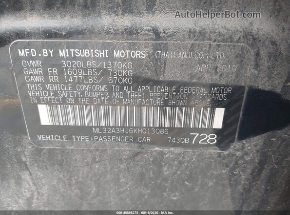 ML32A3HJ6KH013086 2019 MITSUBISHI MIRAGE Black ძრავის განყოფილების ხედი
