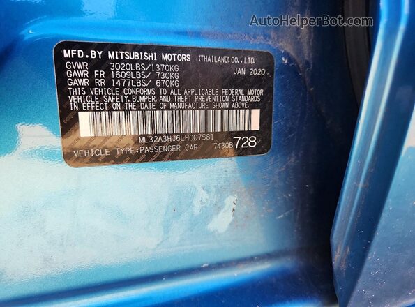 ML32A3HJ6LH007581 2020 MITSUBISHI MIRAGE Blue Շարժիչի բաժամունքի տեսք
