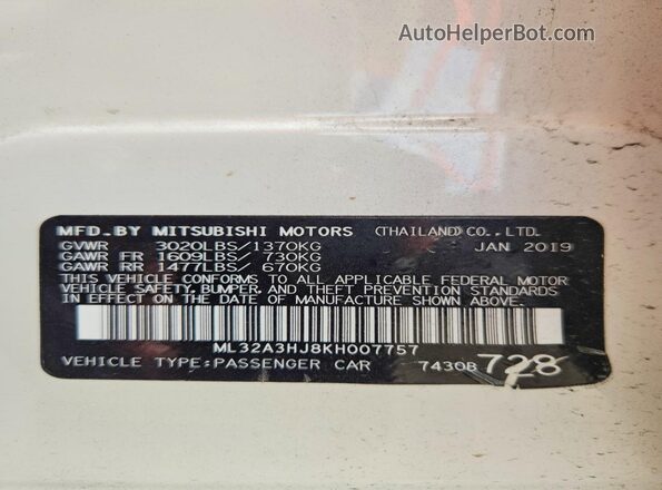 ML32A3HJ8KH007757 2019 MITSUBISHI MIRAGE White VIN կոդի պիտակի տեսք