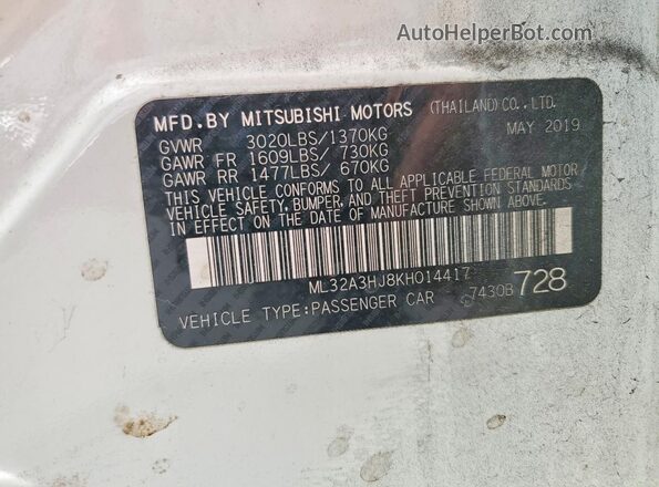 ML32A3HJ8KH014417 2019 MITSUBISHI MIRAGE White Vista del compartimento del motor