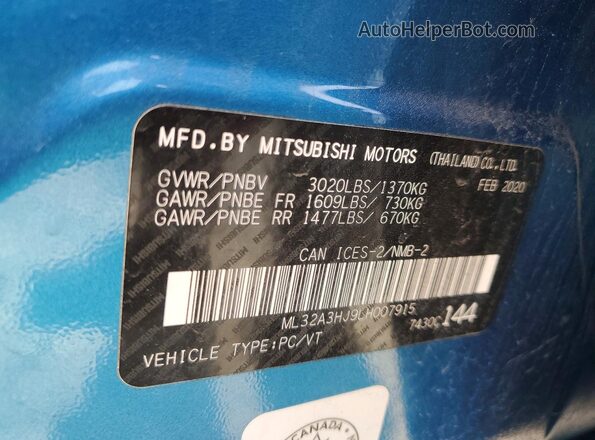 ML32A3HJ9LH007915 2020 MITSUBISHI MIRAGE Blue VIN կոդի պիտակի տեսք