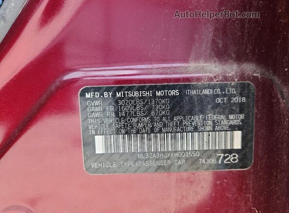 ML32A3HJXKH003550 2019 MITSUBISHI MIRAGE Burgundy Вид підкапотного простору