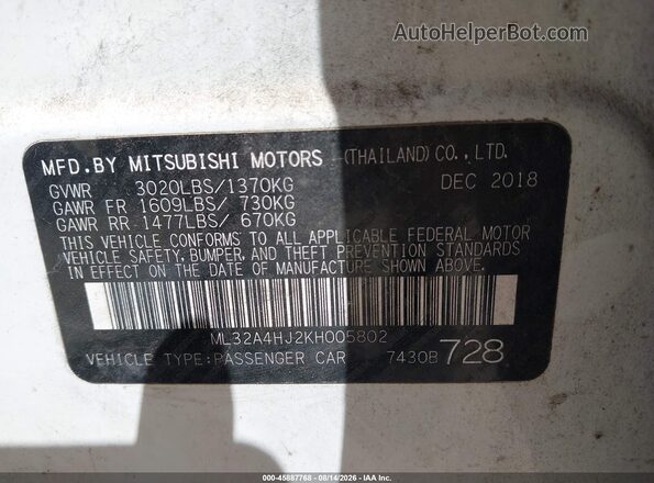 ML32A4HJ2KH005802 2019 MITSUBISHI MIRAGE White Вид підкапотного простору