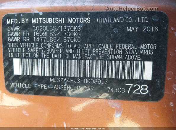 ML32A4HJ3HH008913 2017 MITSUBISHI MIRAGE Orange ძრავის განყოფილების ხედი