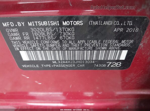 ML32A4HJ3JH013034 2018 MITSUBISHI MIRAGE Красный Вид подкапотного пространства