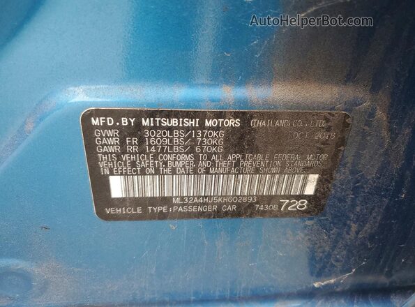 ML32A4HJ5KH002893 2019 MITSUBISHI MIRAGE Blue VIN sticker view