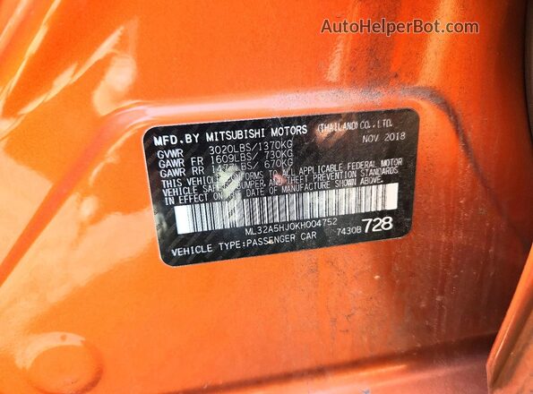 ML32A5HJ0KH004752 2019 MITSUBISHI MIRAGE Orange VIN კოდის სტიკერის ხედი