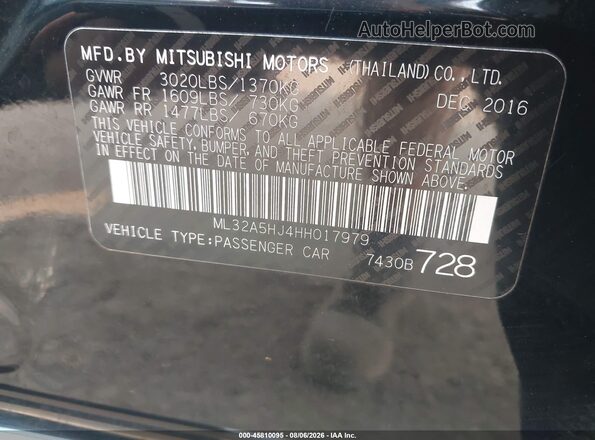 ML32A5HJ4HH017979 2017 MITSUBISHI MIRAGE Black Вид підкапотного простору