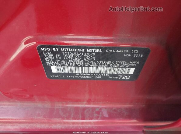 ML32A5HJ4KH004446 2019 MITSUBISHI MIRAGE Red ძრავის განყოფილების ხედი