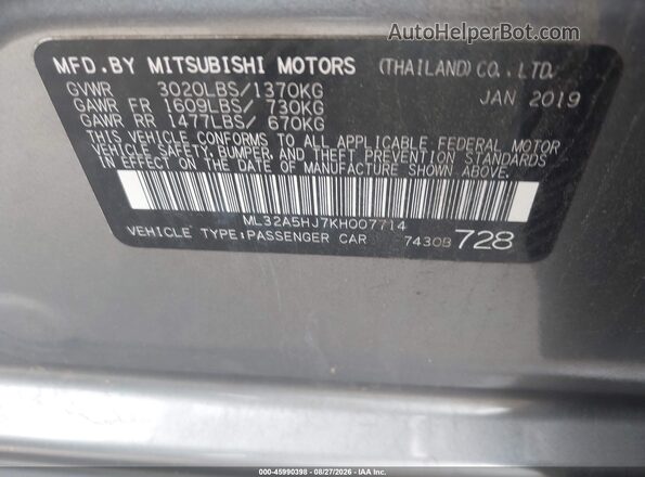 ML32A5HJ7KH007714 2019 MITSUBISHI MIRAGE Gray ძრავის განყოფილების ხედი