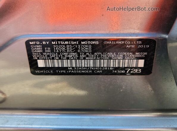 ML32A5HJ7KH012816 2019 MITSUBISHI MIRAGE Gray ძრავის განყოფილების ხედი