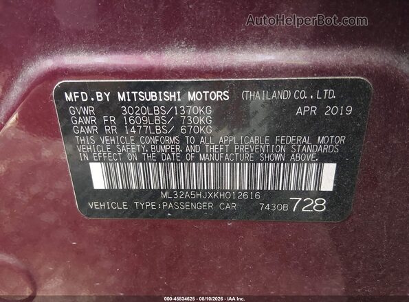 ML32A5HJXKH012616 2019 MITSUBISHI MIRAGE Burgundy Engine compartment view