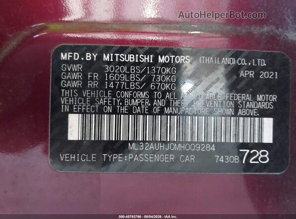 ML32AUHJ0MH009284 2021 MITSUBISHI MIRAGE Бордовый Вид подкапотного пространства