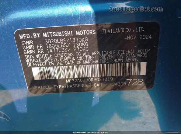 ML32AUHJ0RH037819 2024 MITSUBISHI MIRAGE Blue ძრავის განყოფილების ხედი