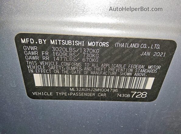 ML32AUHJ2MH004796 2021 MITSUBISHI MIRAGE Silver 