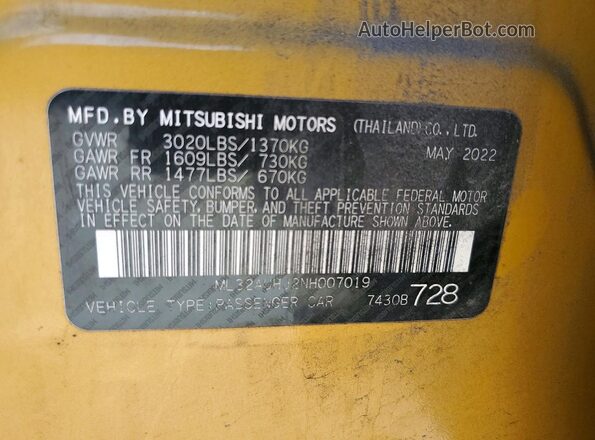 ML32AUHJ2NH007019 2022 MITSUBISHI MIRAGE Yellow Vista del compartimento del motor