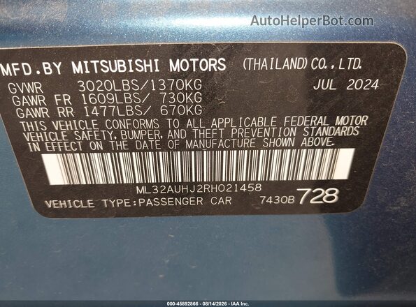 ML32AUHJ2RH021458 2024 MITSUBISHI MIRAGE Blue Շարժիչի բաժամունքի տեսք