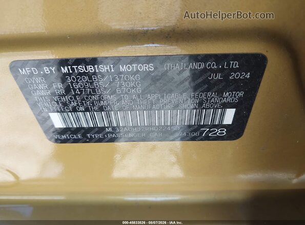ML32AUHJ2RH022450 2024 MITSUBISHI MIRAGE Золотой Вид подкапотного пространства