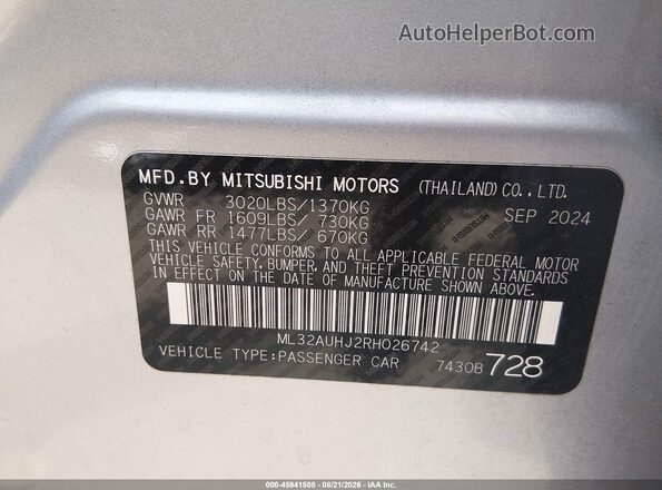 ML32AUHJ2RH026742 2024 MITSUBISHI MIRAGE Серебряный Вид подкапотного пространства