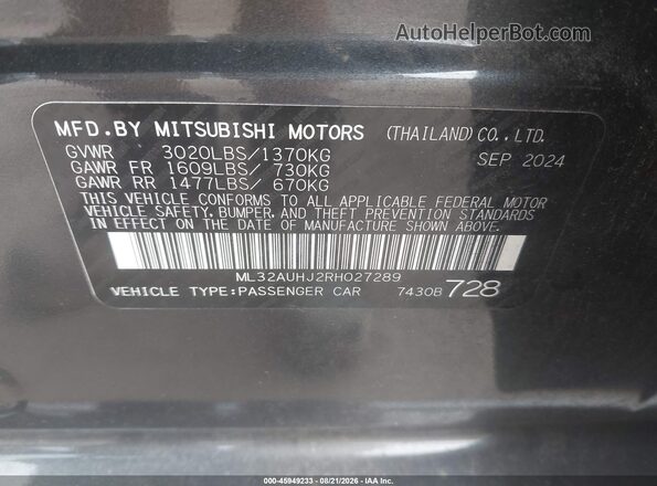 ML32AUHJ2RH027289 2024 MITSUBISHI MIRAGE Gray ძრავის განყოფილების ხედი