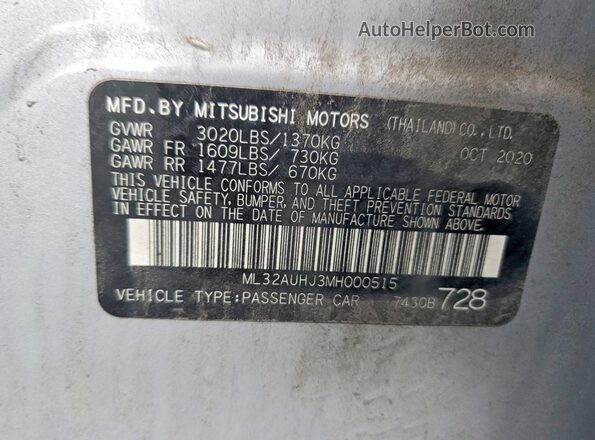 ML32AUHJ3MH000515 2021 MITSUBISHI MIRAGE Серебряный Вид подкапотного пространства