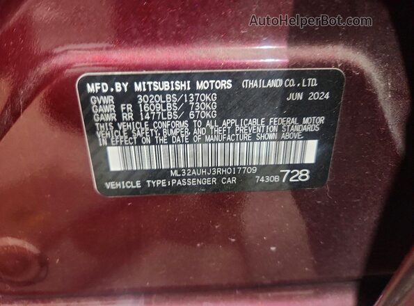 ML32AUHJ3RH017709 2024 MITSUBISHI MIRAGE Maroon VIN კოდის სტიკერის ხედი