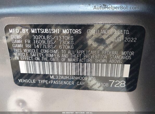 ML32AUHJ4NH008706 2022 MITSUBISHI MIRAGE Gray Вид підкапотного простору