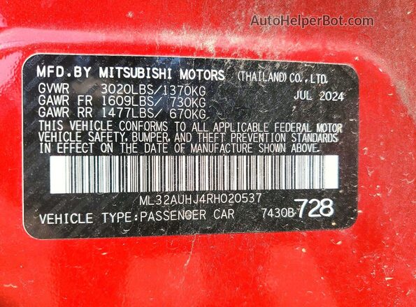 ML32AUHJ4RH020537 2024 MITSUBISHI MIRAGE Red Вид підкапотного простору