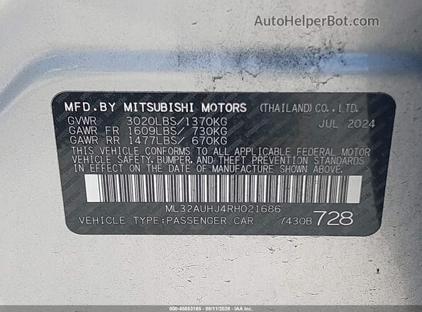 ML32AUHJ4RH021686 2024 MITSUBISHI MIRAGE Silver Вид підкапотного простору