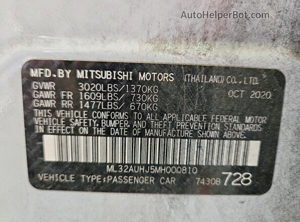 ML32AUHJ5MH000810 2021 MITSUBISHI MIRAGE White Widok naklejki z numerem VIN